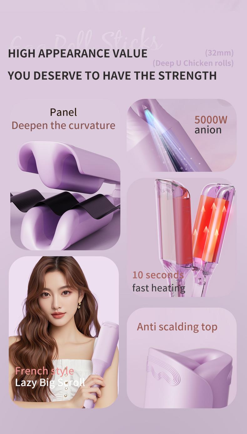 Deep Wave Curling Iron with Negative Ion Tech - 32MM French Wave Curling Iron 30W Power 2 Barrels Adjustable Temperatures Fast Heating 30 Seconds Auto-off Safety Lock Comfortable Grip for All Hair Types prime salon-quality curl