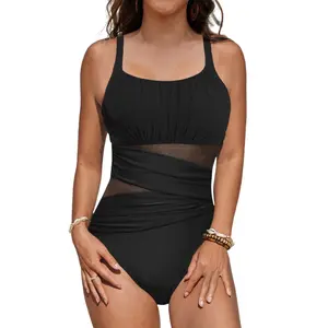 VIMPUNEC One Piece Swim Suits for Women Modest Tummy Control Bathing Suit Sexy Mesh Swimwear Slimming Ruched Bust Hourglass Silhouette Hollow Out Back Adjustable Straps Beachwear