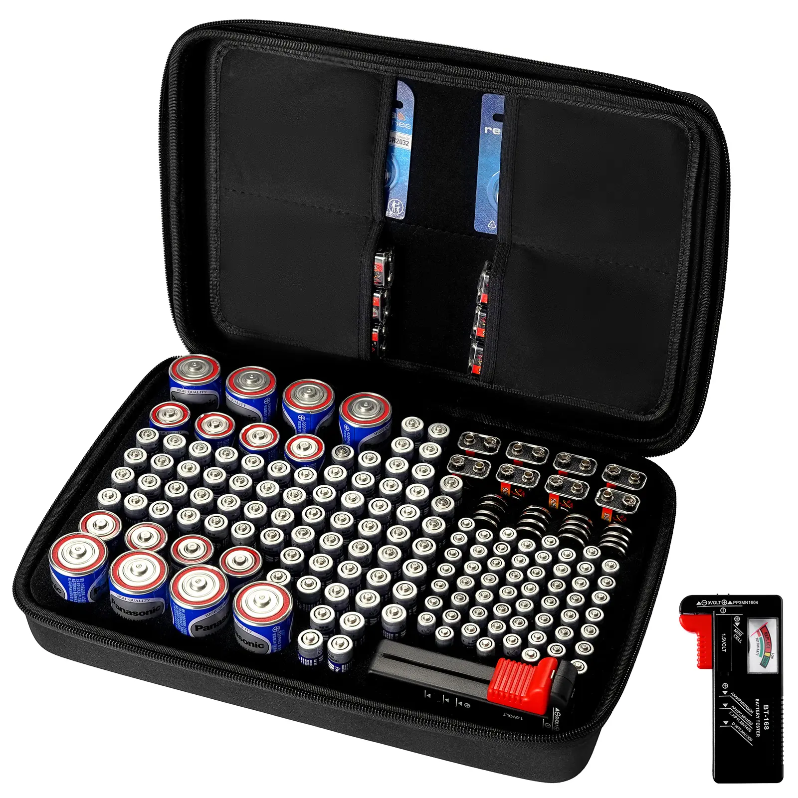 【summerfinds】VEVOR Battery Organizer Storage Box, Battery Case Bag with Tester BT-168, Waterproof Batteries Organizer Storage Case with Zipper, Holds 167 Batteries AA AAA C D 9V Button, Black (Box Only)