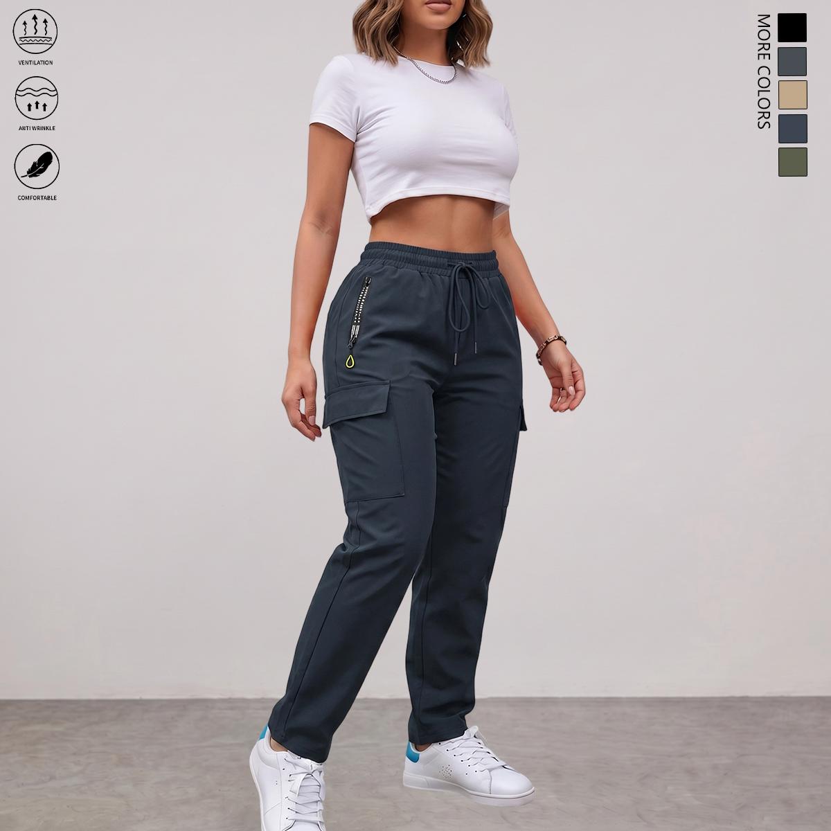 Women's Lightweight No-Stretch Straight-Leg Plain Look Casual Cargo Pants - Women's Clothes, Drawstring Waist, Multiple Pockets, Stylish Zippered Pocket, All-Season Workwear Utility Pants, Ideal for Outdoor Activities & Everyday Wear
