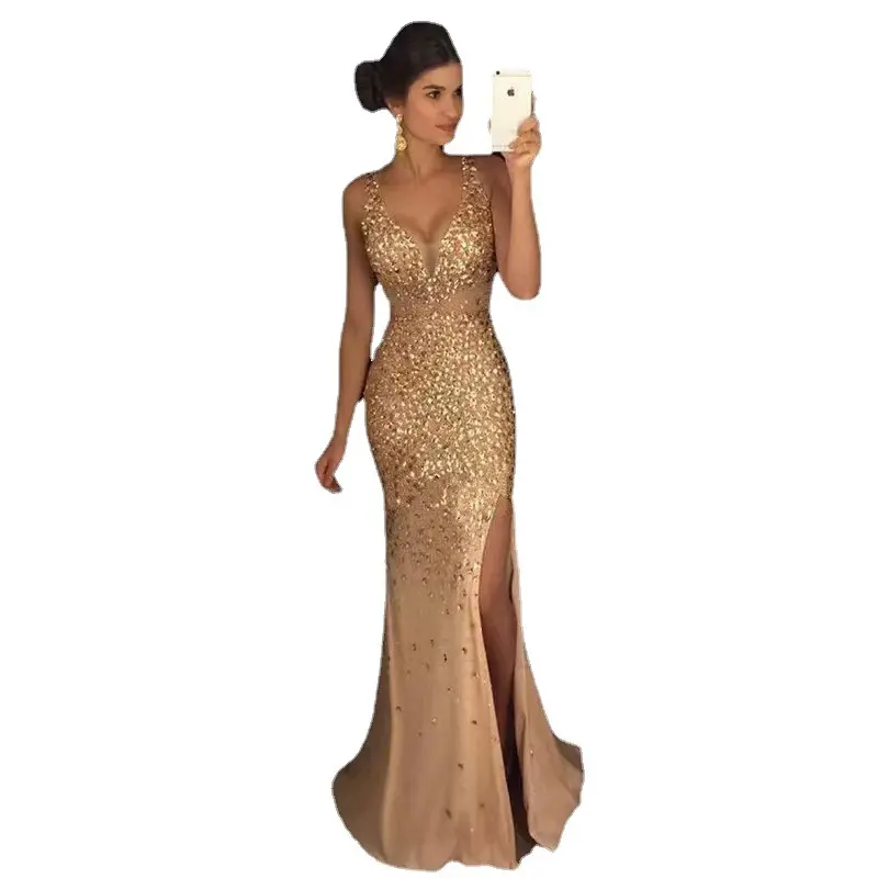 Women’s Metallic Foil Shine Polyester V-Neck Maxi Dress - Sleeveless High-Waisted A-Line Cut Evening Gown with Side Slit, Formal Wedding Guest Dress (Dry Cleaning Recommended, S-XXL)