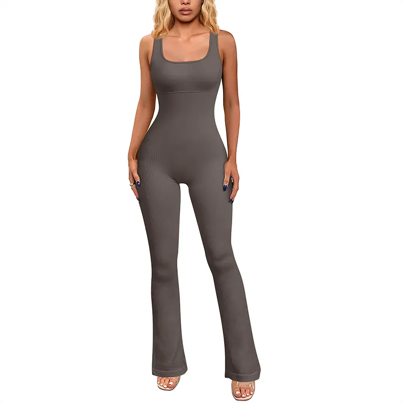 OYV Women's Ribbed Square Neck Sleeveless Flare Seamless Stretch Yoga Workout One Piece Outfit Jumpsuit