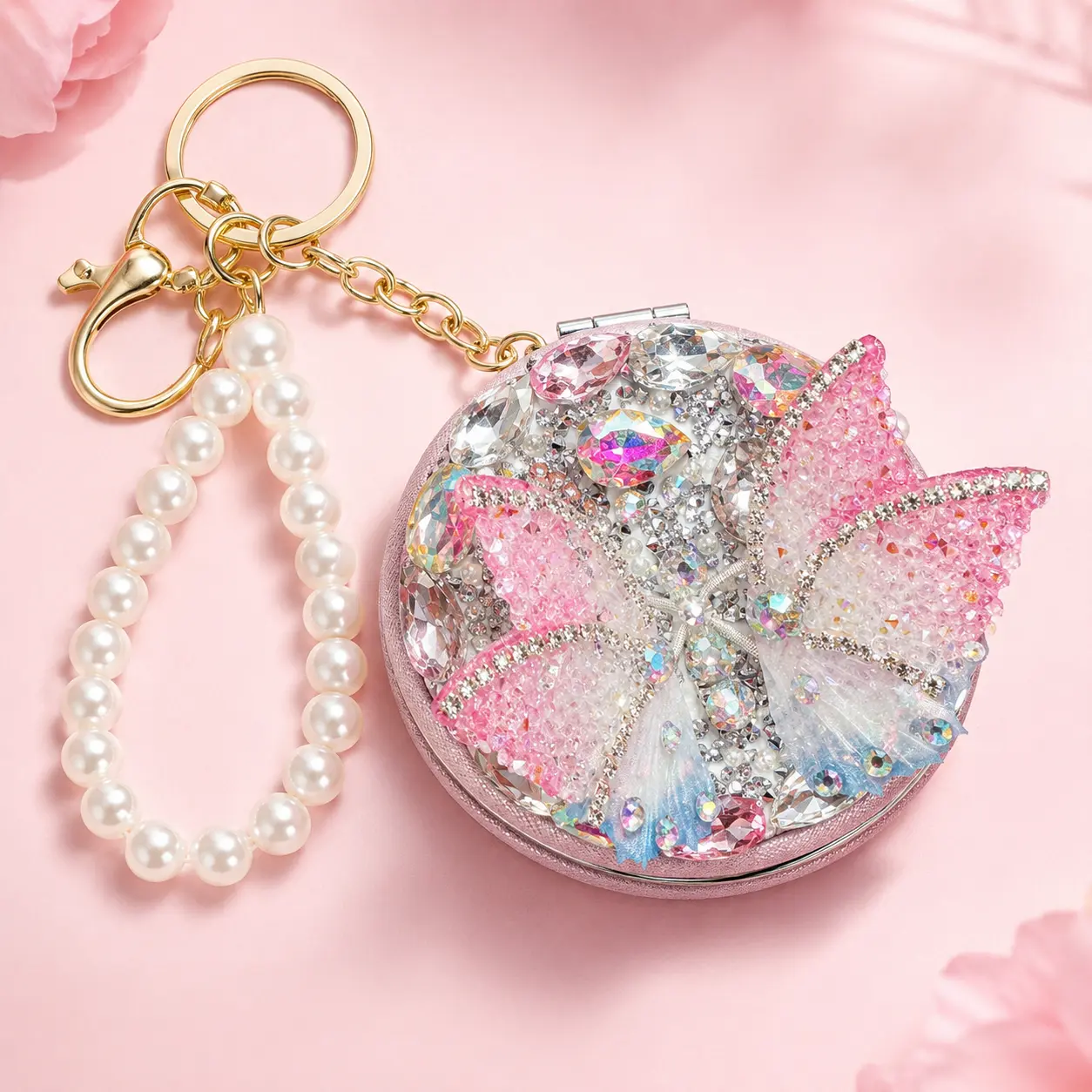 Bling Butterfly Bag Charm Compact Mirror, 2X Magnifying Purse Mirror with Pearl Strap, Sparkly Rhinestone Keychain Gift for Women