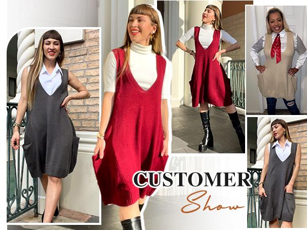 Women's Sleeveless V Neck Knit Sweater Vest Dress Casual Pullover with Side Pockets for Spring Basic Minimalist