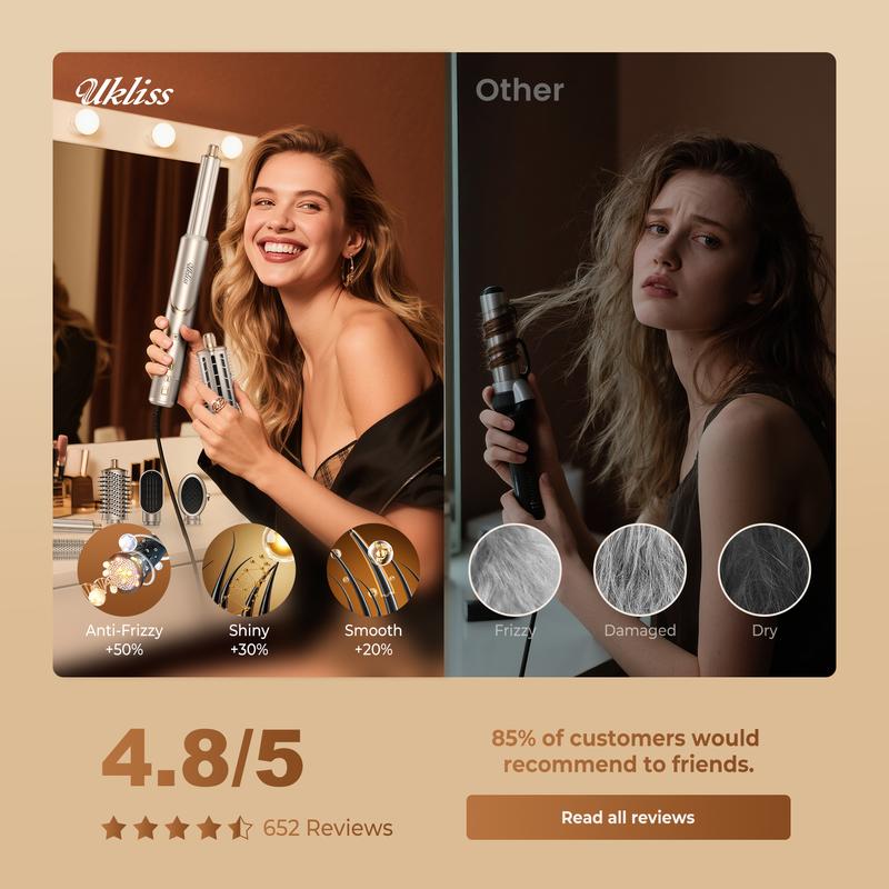 UKLISS FusionAir DIY HairStyler Champagne Gold 90-Day Free Trial & Refund 2 Year Warranty 110000RPM HairCurler + HairStraightener + HairDryer + HotAirBrush + LowTemperatureHairCare + NegativeIons + BlowoutBoost + HairDiffuser + Fluffier