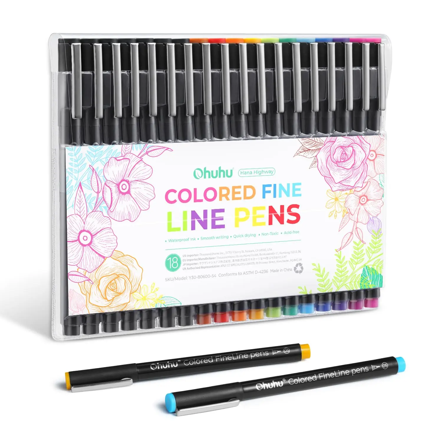 Ohuhu Colored Fineliner Drawing Pens: Fineliners - 18 Packs - 11 Colored Pens & 7 Assorted Point Sizes Black Micro Pen Waterproof for Drawing Sketching Anime Manga Artists Beginners - Hana Highway Series of Ohuhuart