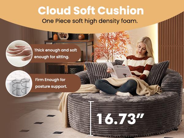 HOOOWOOO 59"W Oversized Round Sofa Bed - Modern & Boneless O-Shape Chaise Lounge, Lazy Bean Bag Chair, Deep Seat Couch with 3 Pillows, Plush Corduroy Fabric Chaise Lounge, No Assembly Required