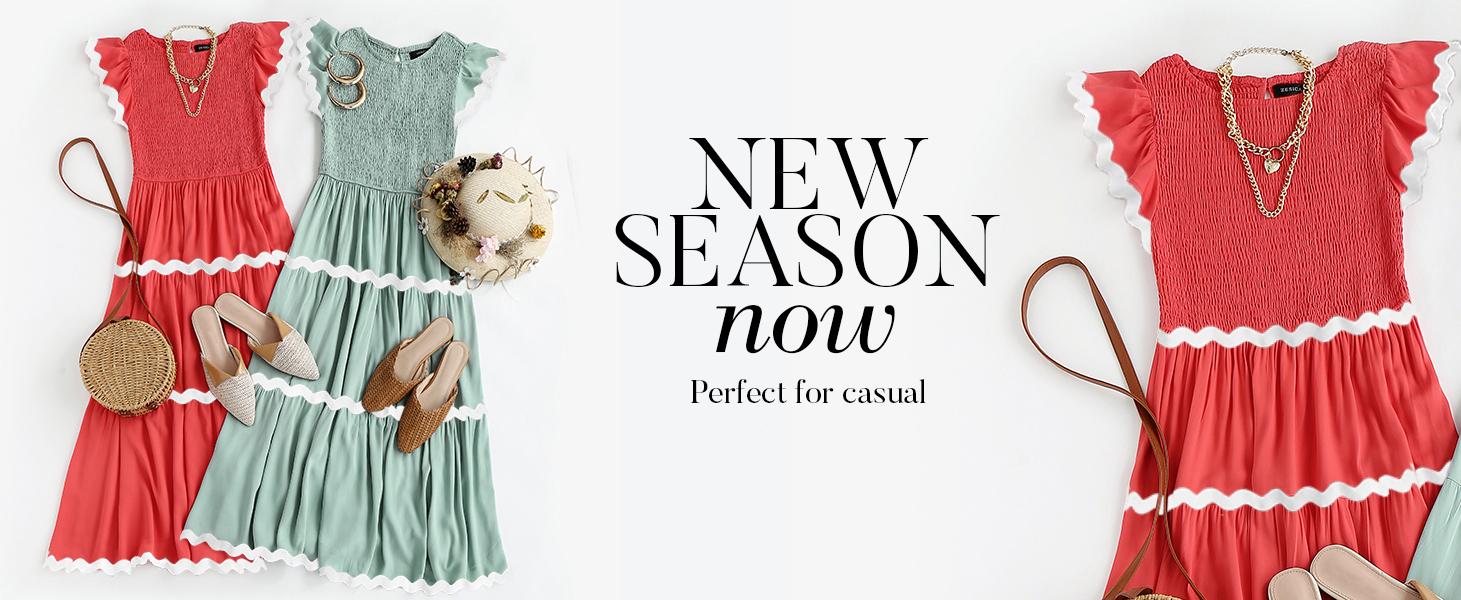 ZESICA Women's Summer Flutter Short Sleeve Smocked Midi Dress Casual High Waist Rickrack Tiered Flowy Dresses