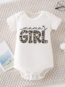 Baby "Mama's Girl" Leopard Print Short Sleeve Bodysuit - Cute Script & Heart Accent Graphic Onesie, White Cotton Infant Outfit for Newborns