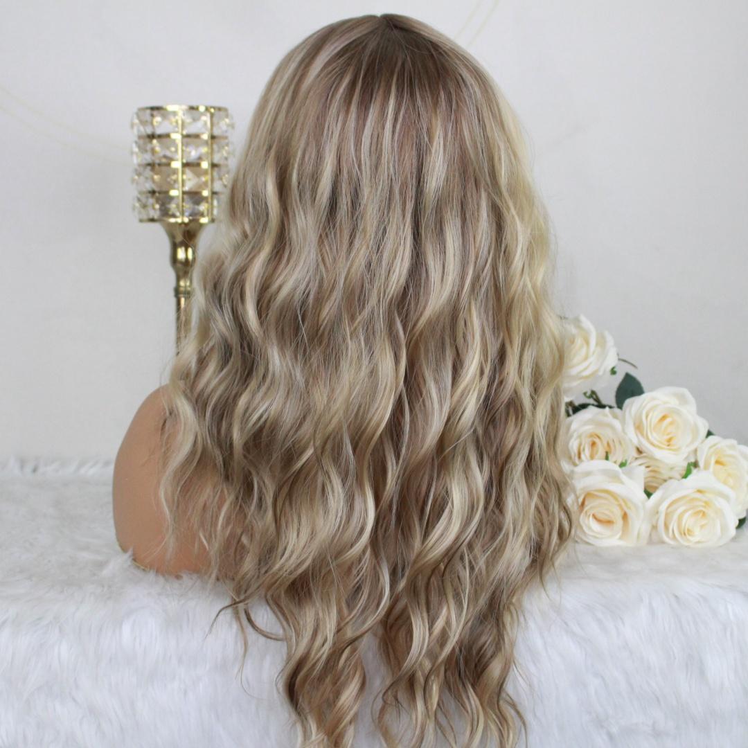 A34 by AISOM Curly Warm Blonde Highlight Free Part Pre Plucked 20inch 13x4 Synthetic Lace Front Wig for Women Tiny Knots Heat Friendly