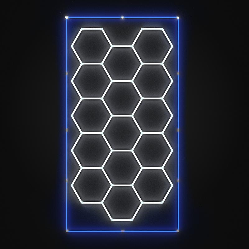 HYPERLITE All-New Creative Design 624W Hexagon DIY LED Garage Light 62400LM Honeycomb Ceiling Lighting System with Colorful Outer Frame 15-Grid DIY Plug-in Setup for Car Detailing Shops Basements Warehouses Jumpstart newyear