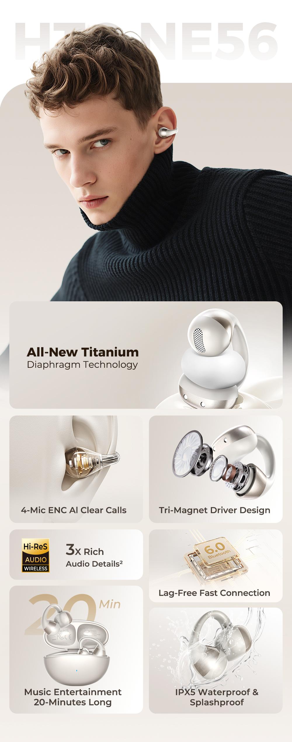 HTC NE56 OWS - New clip-on earphones. Bluetooth headset (6.0), IPX5 waterproof, with charging case and built-in microphone. Super comfortable to wear, excellent sound quality, and a three-month warranty! Suitable for a variety of occasions.