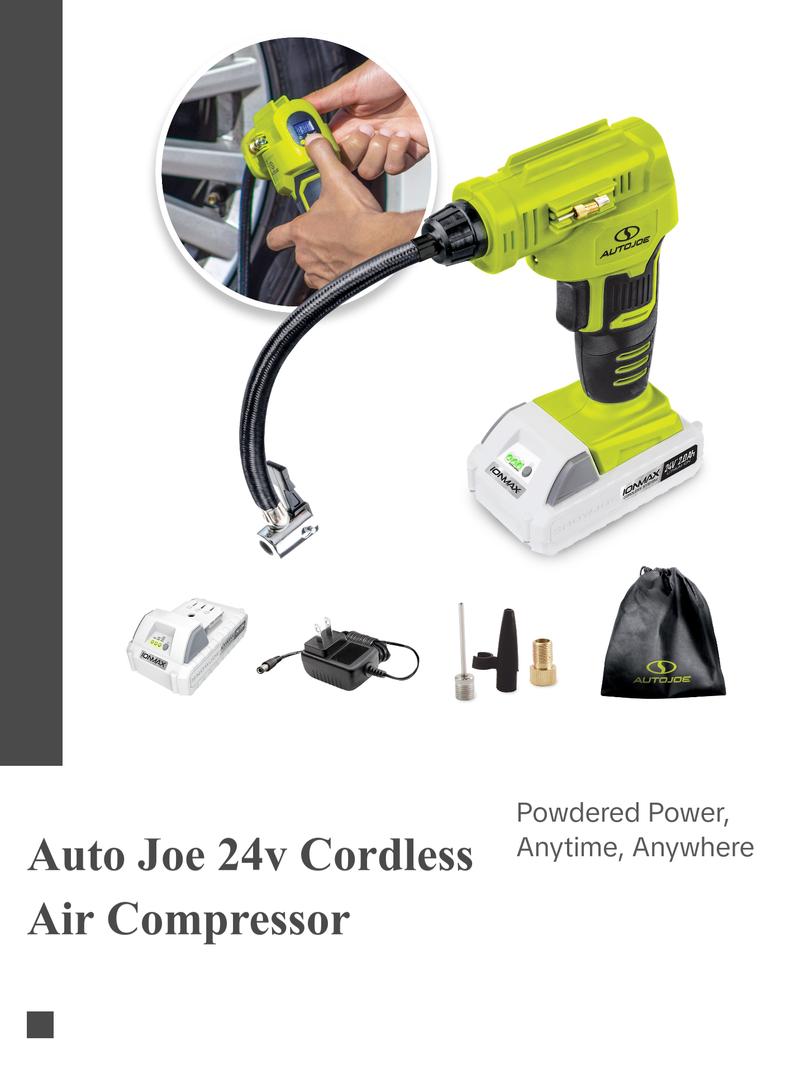Auto Joe Cordless Portable Air Compressor Kit | W/ 1.3-Ah Battery, Nozzle Accessories, and Storage Bag 24V-AJC-MAX