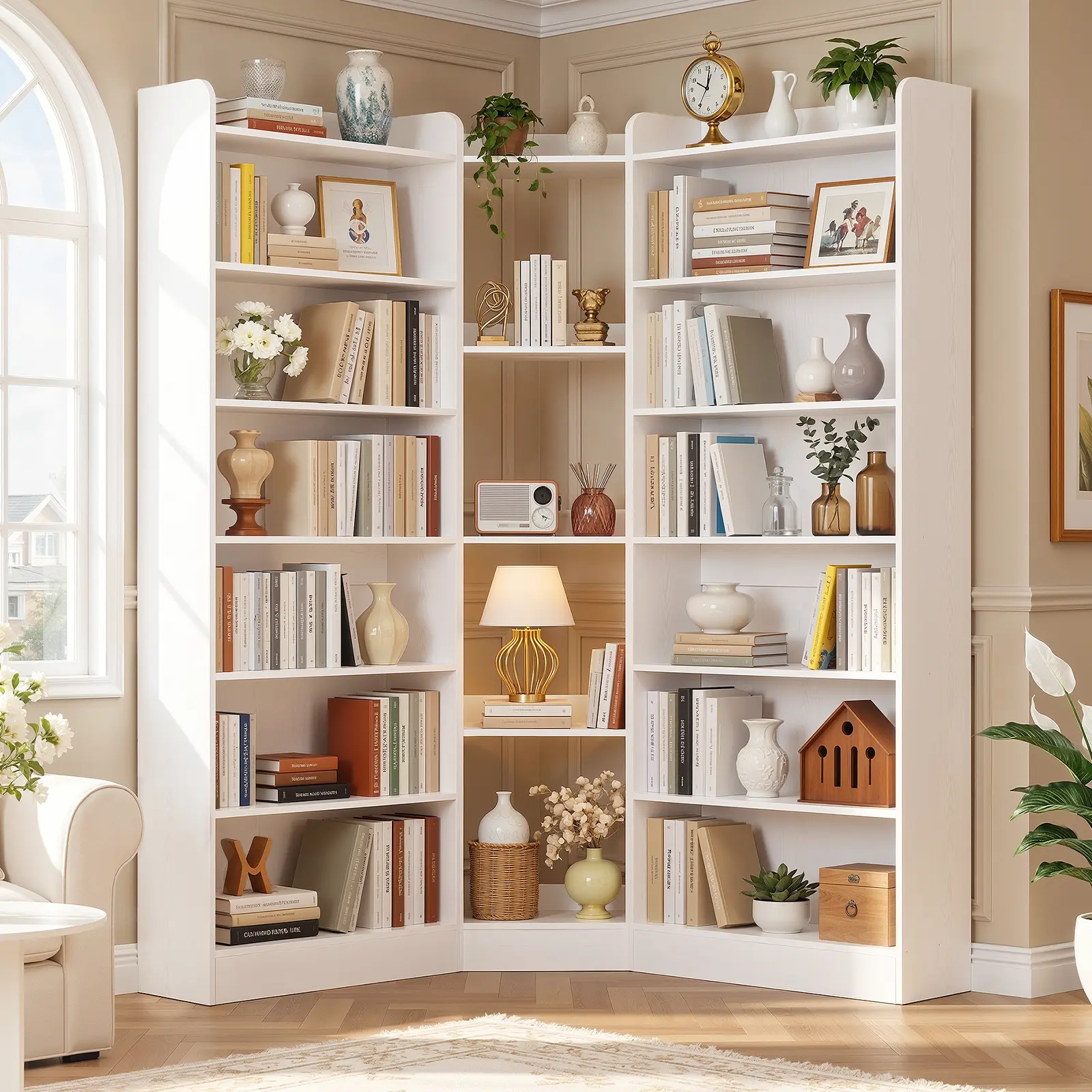 ISUNIRM 71.3" Tall L-Shaped Asymmetric Corner Bookcase - 7-Tier Freestanding Engineered Wood Etagere with Baffle, Adjustable Shelves, Large Storage Organizer for Home Office, Living Room