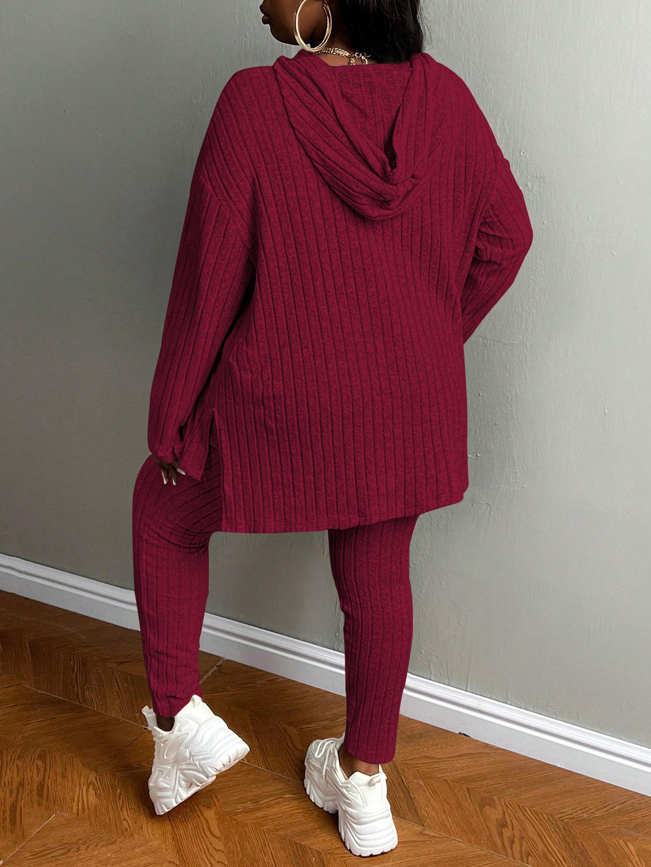 USBOUTIQUECHIC Plus Size Women's Solid Textured Ribbed Hoodie & Elastic Waist Pants Set, Casual Cozy Ribbed Knit Outfits for Fall & Winter, Baggy Matching Suits for Daily Wear USBOUTIQUECHIC Plus Size Women's Solid Textured Ribbed Hoodie & Elastic Waist Pants Set, Casual Cozy Ribbed Knit Outfits for Fall & Winter, Baggy Matching Suits for Daily Wear