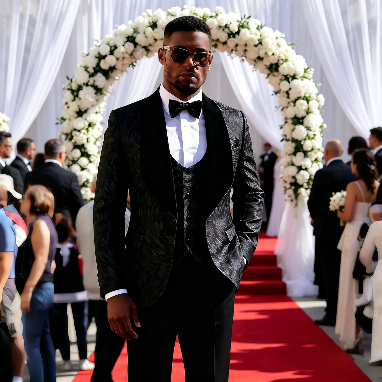 Men's 3-Piece Textured Jacquard Tuxedo Suit - Long Sleeve Jacket & Velvet Blazer, Luxury Black Formal Suit for Wedding, Prom, Slim Fit, Pocket, Menswear, Tie, Set, Pants, Classic
