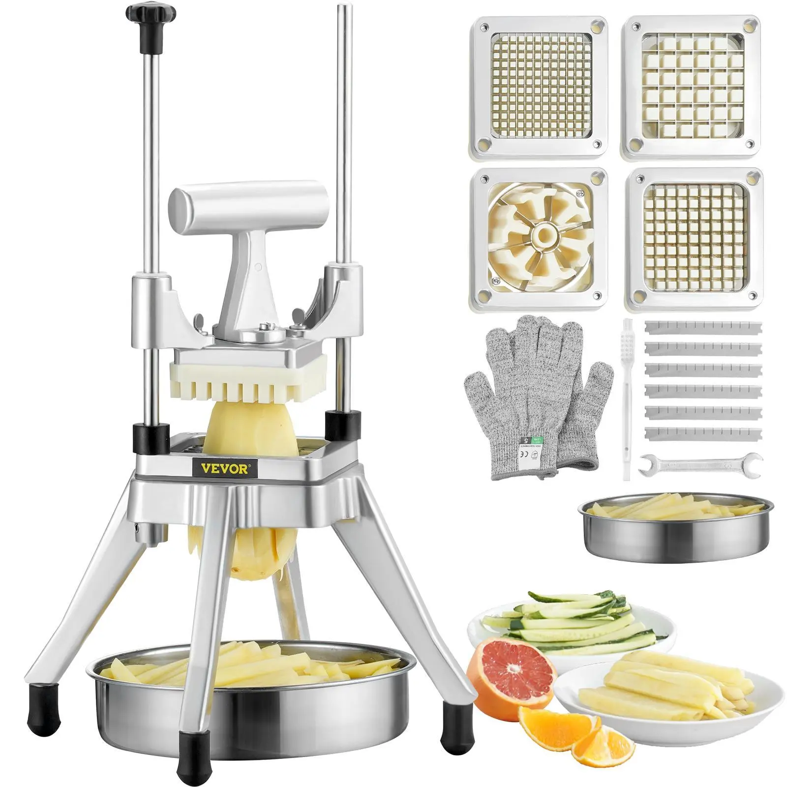 VEVOR Heavy Duty Commercial Stainless Steel Veggie Chopper Utensils - 4 Removable Washable Blades (1/4" 3/8" 1/2"), 6-Wedge Slicer, Dicer, Tray, Aluminium Component, Slicing Machine Potato Chippers for Restaurants, Vegetable Cutting Slicer