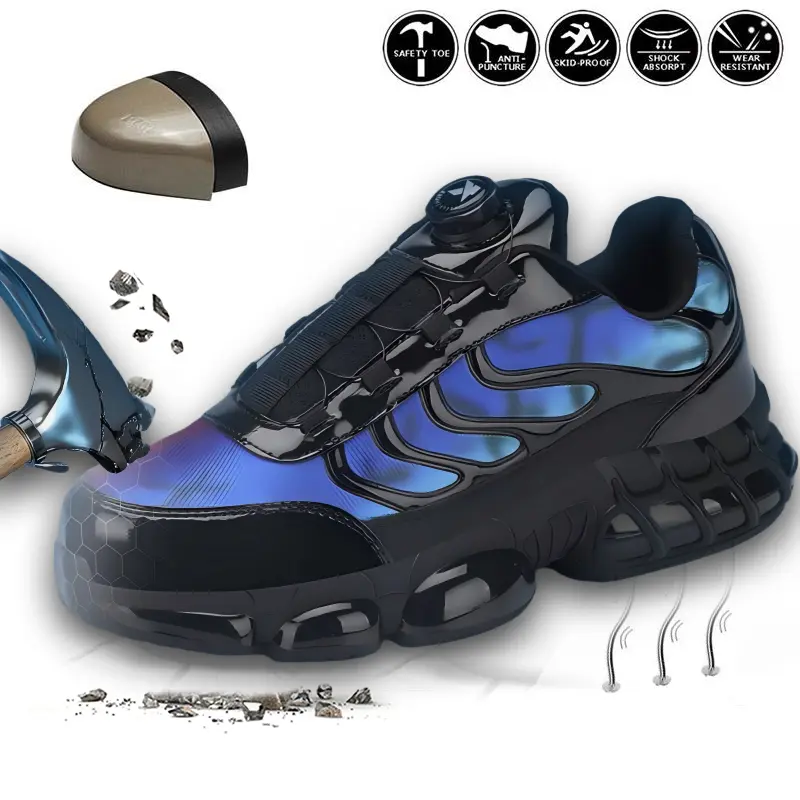 Men's Black Shoes Steel Toe Shoes Puncture Proof and Smash Proof with Swivel Button Work Boots Suitable for Outdoor Work Blue Collar Industrial Construction Work Shoes Safety Shoes Fathersdaygift Rotatory Lace-Free