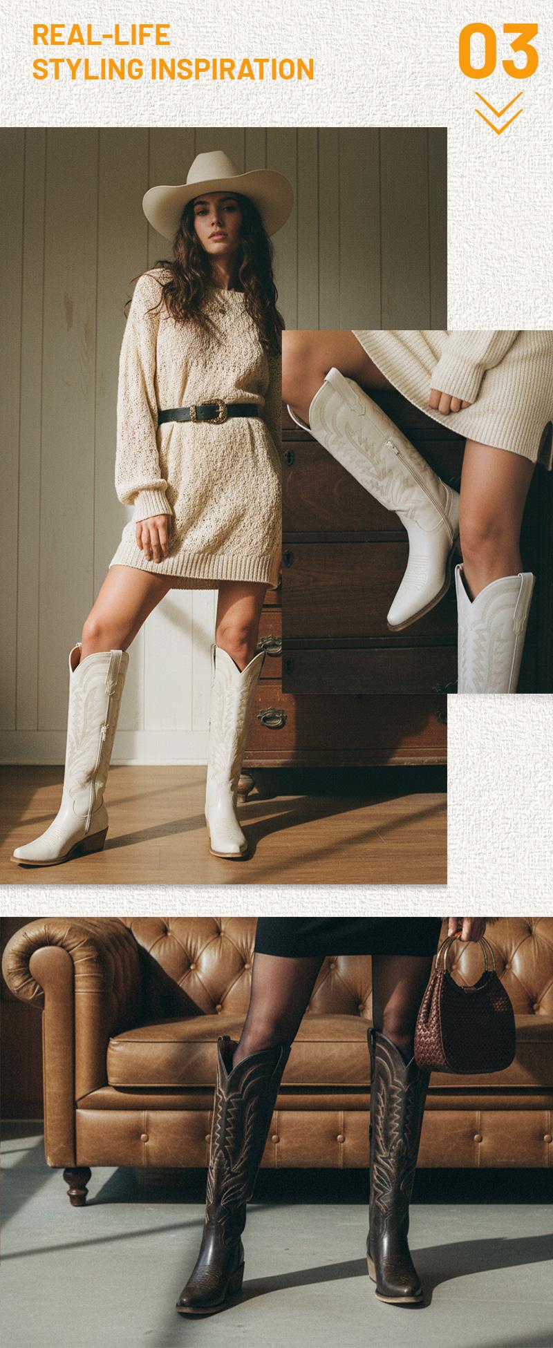 REDTOP Western Style Knee High Cowgirl Boots with Embroidered Design for Women Side Zipper Snip Toe Comfortable Western Style