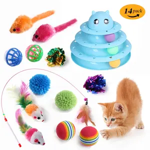 14 PCS Cat Toys - 3-Level Turntable Roller with Balls for Indoor Cats, Kitten Set with Teaser, Mice, and Various Ball Toys