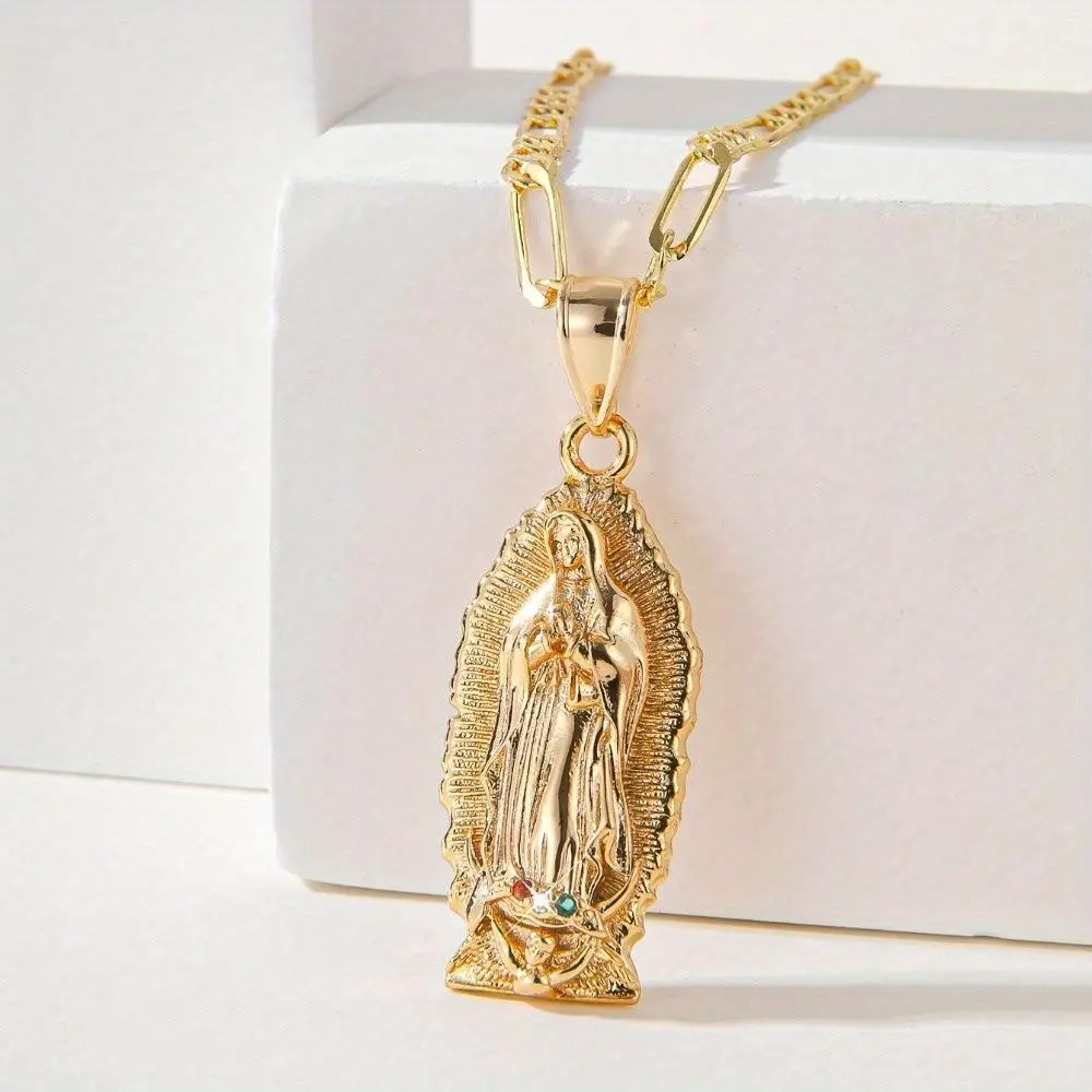 14K Gold Plated Virgen de Guadalupe Necklace Detailed Our Lady Pendant with Figaro Paperclip Chain for Women jewelry