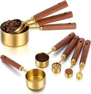 Premium Stainless Steel Measuring Cups & Spoons Set of 8 Gold Color with Wooden Handles for Baking Cooking Dry Liquid Ingredients Kitchen Tools
