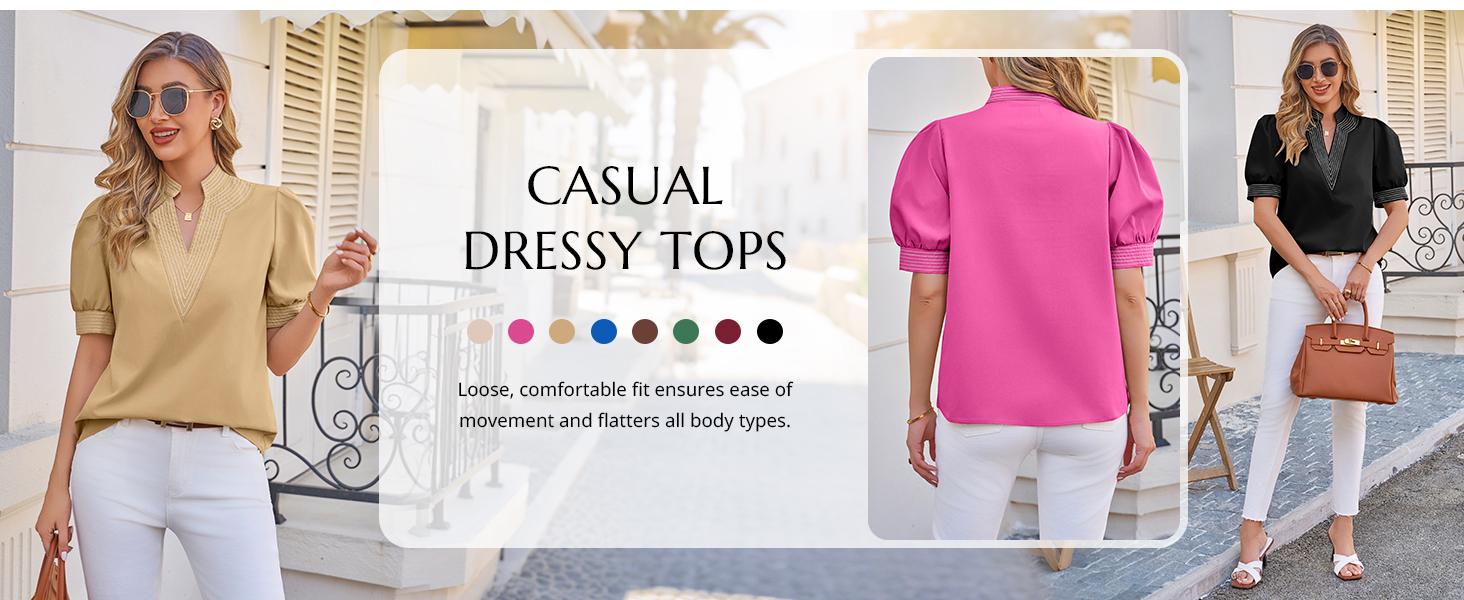 Cicy Bell Womens Puff Short Sleeve Blouses Summer Casual Dressy Contrast Stitch V Neck Tops Loose Fit Tee Shirts