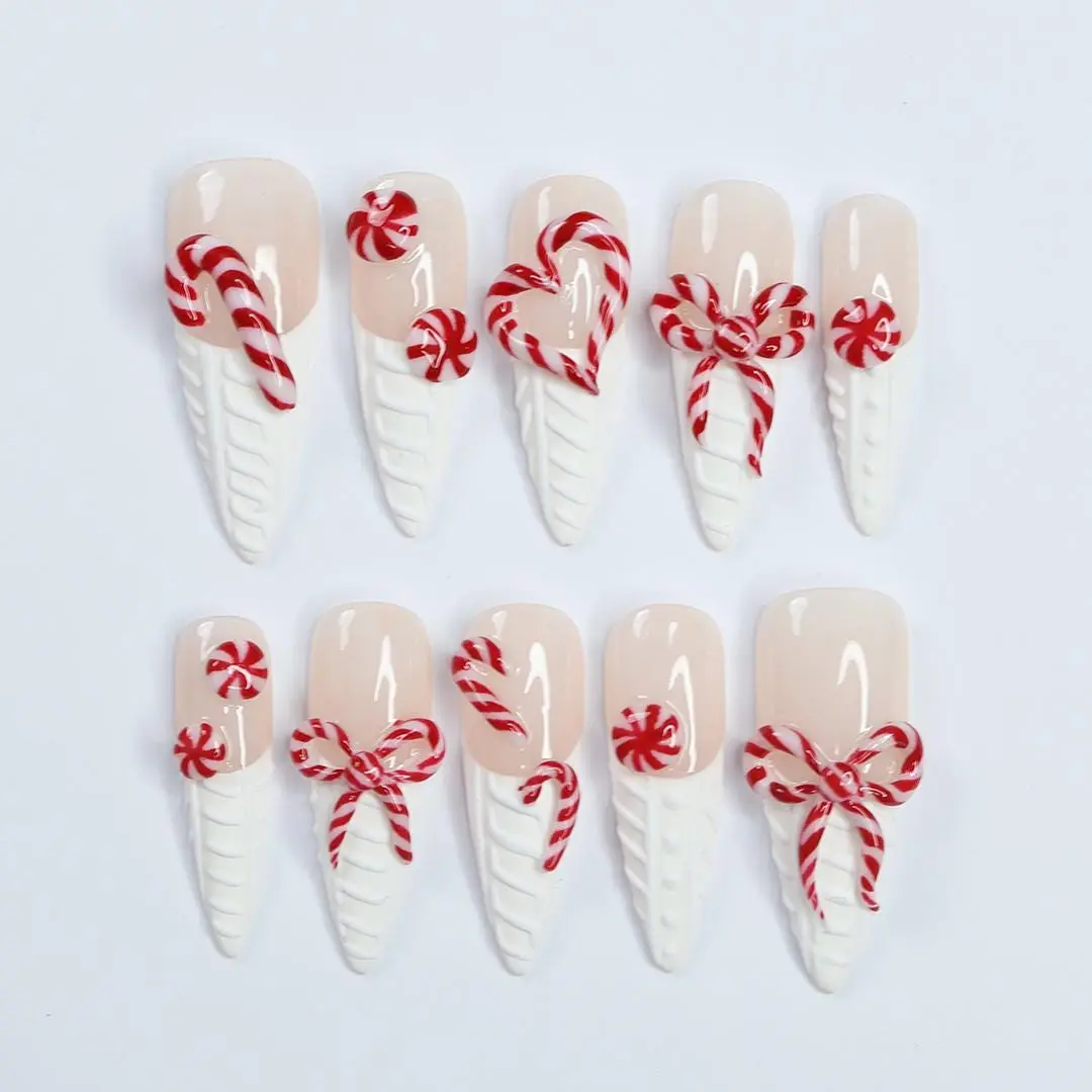Sweet Christmas Cheer Medium Almond Press-on Nails With Cozy Sweater Texture and Candy-inspired French Tips – Perfect Gift for Her