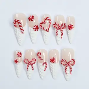 Sweet Christmas Cheer Medium Almond Press-on Nails With Cozy Sweater Texture and Candy-inspired French Tips – Perfect Gift for Her