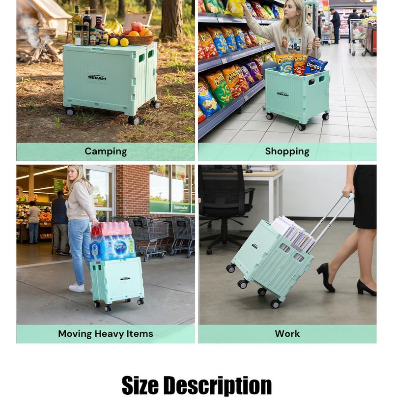 Foldable Rolling Utility Cart with 360° Wheels – Portable, Collapsible Crate with Telescopic Handle and Lid for Travel, Grocery Office Use