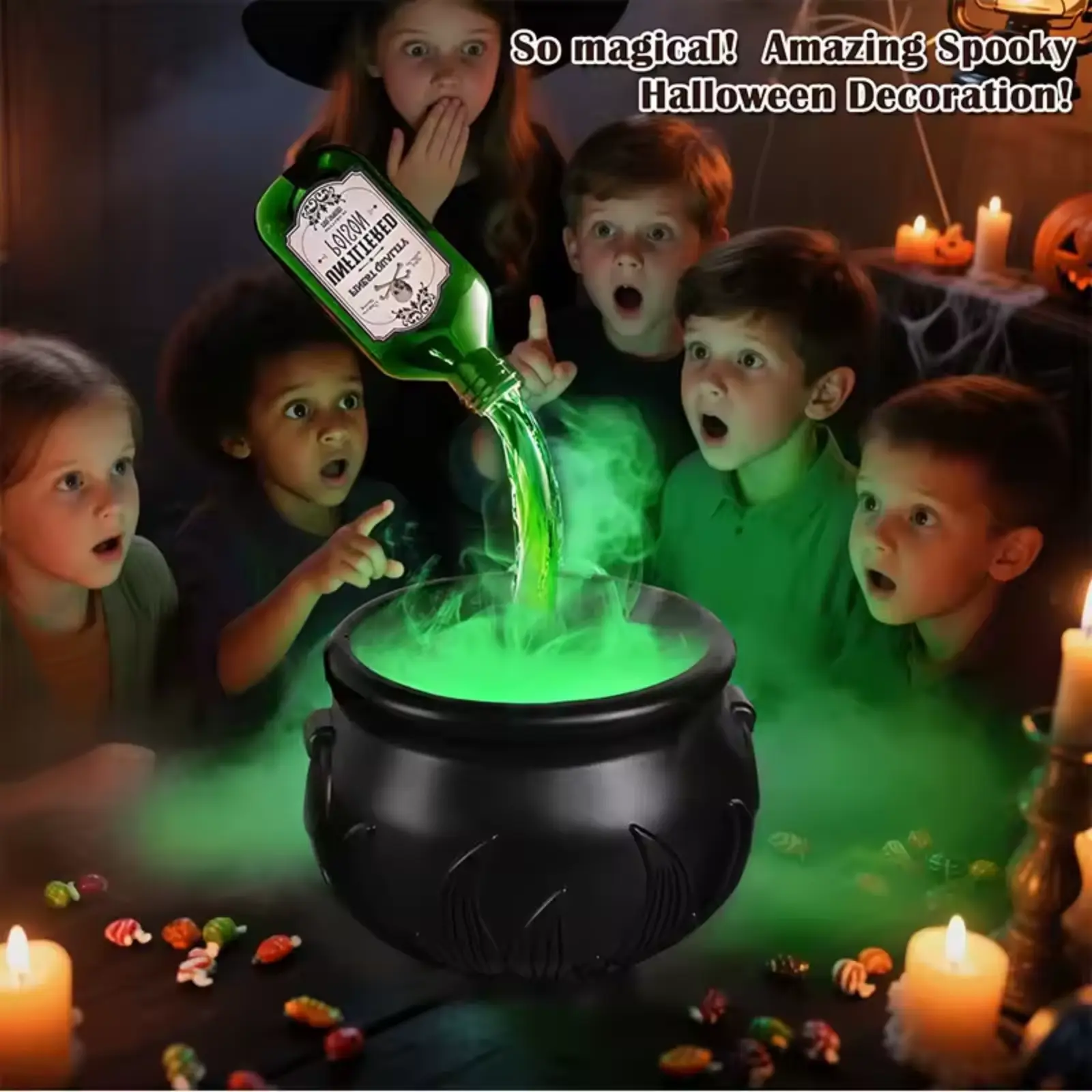 Gingprous Cauldron Halloween Vase Decor with Magic Floating Potion Bottles and Diffuser - Black Plastic Witches Bowl Party Vase for Spooky Vintage Home Kitchen Table
