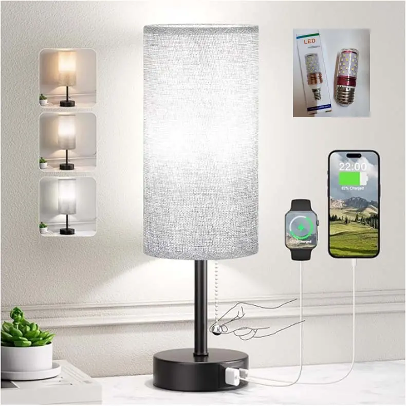 Bedside Table Lamp for Bedroom LED Only- 3 Way Dimmable Touch Lamp USB C Charging Ports and AC Outlet, Small Lamp Wood/sliver Base Round Flaxen Fabric Shade for Living Room, Desk, Tabletop Lamps with USB Ports