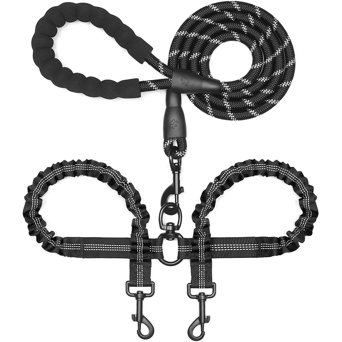 Dual Dog Leash, Tangle-Free Dog Rope with Shock-Absorbing Function, Durable Nylon Bungee Reflective Pet Leash for Small Medium and Large Dogs, Pet Products, Swivel Leash, Bungee Leashes, Reflective Strip Harness Straps, Compatible with No-Pull Harnesses