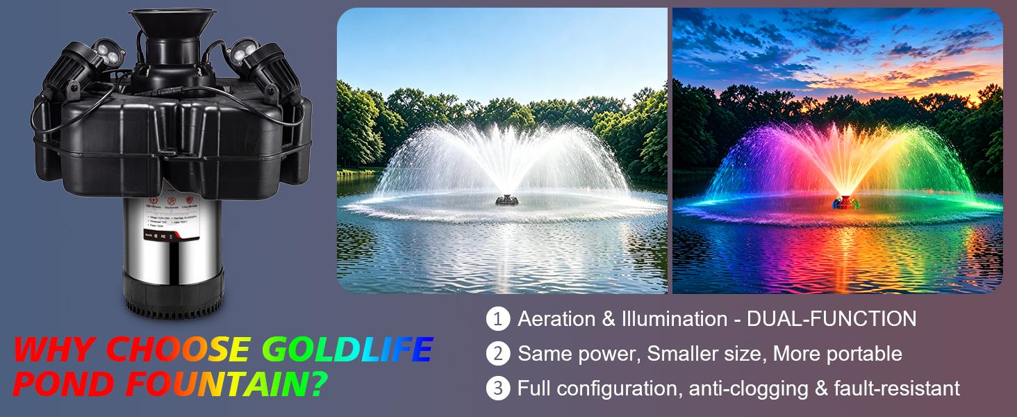 Goldlife Pond Fountain Aerator F4, With 4 RGB Lights, 110V 1HP 750W 15000GPH, 100FT Power Cord, Powerful Aerating Fountain Pump for Outdoor Small Large Pond Lake Garden Jet Fountain System