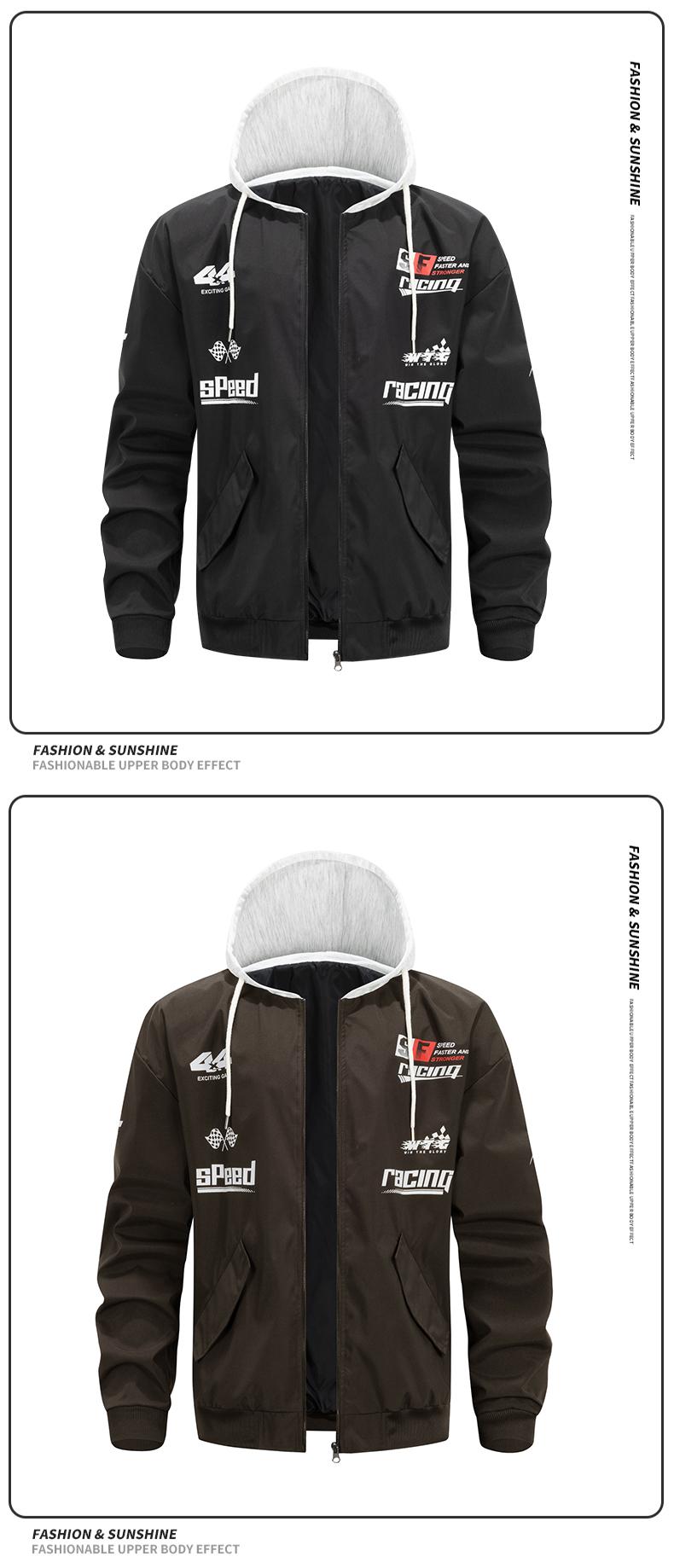 Men's stylish trendy versatile jacket with adjustable hood, featuring racing-themed print, windproof and abrasion-resistant surface design, suitable for competitions, street outings, attending racing-themed parties and gatherings, everyday casual wear, co