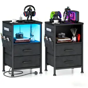 Mr IRONSTONE Night Stand Set 2, Night Stand with Charging Station, LED Nightstand with U-S-B Ports and Outlets, 2 Fabric Storage Drawers with PU Finish, Small Bedside Table, Black