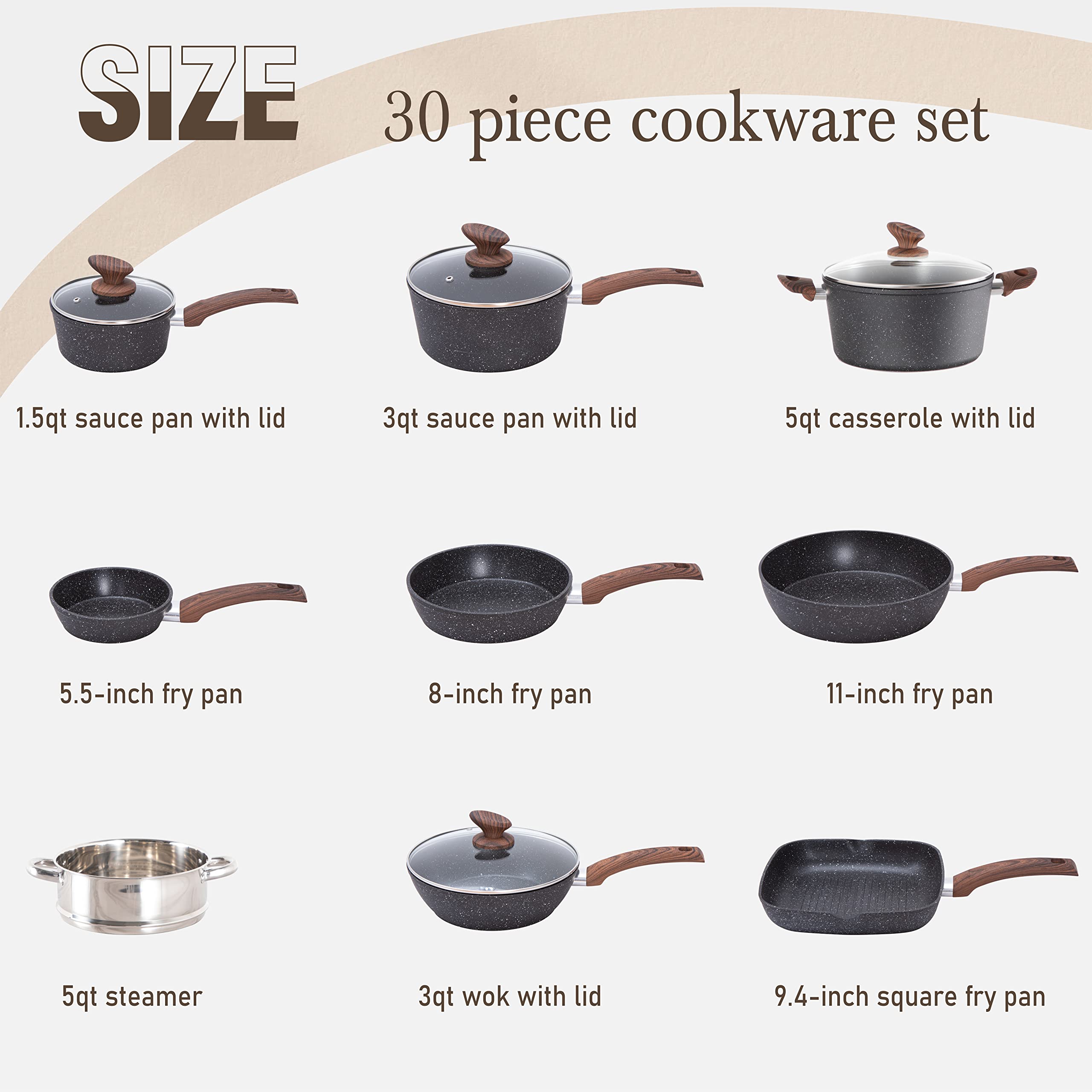 Kitchen Academy Set of 30 Pieces - Induction Cookware with Nonstick Granite Stone Coating, Includes 5 Casserole Lids, Various Woks and Frying Pans Kitchen Academy Set of 30 Pieces - Induction Cookware with Nonstick Granite Stone Coating, Includes 5 Casserole Lids, Various Woks and Frying Pans