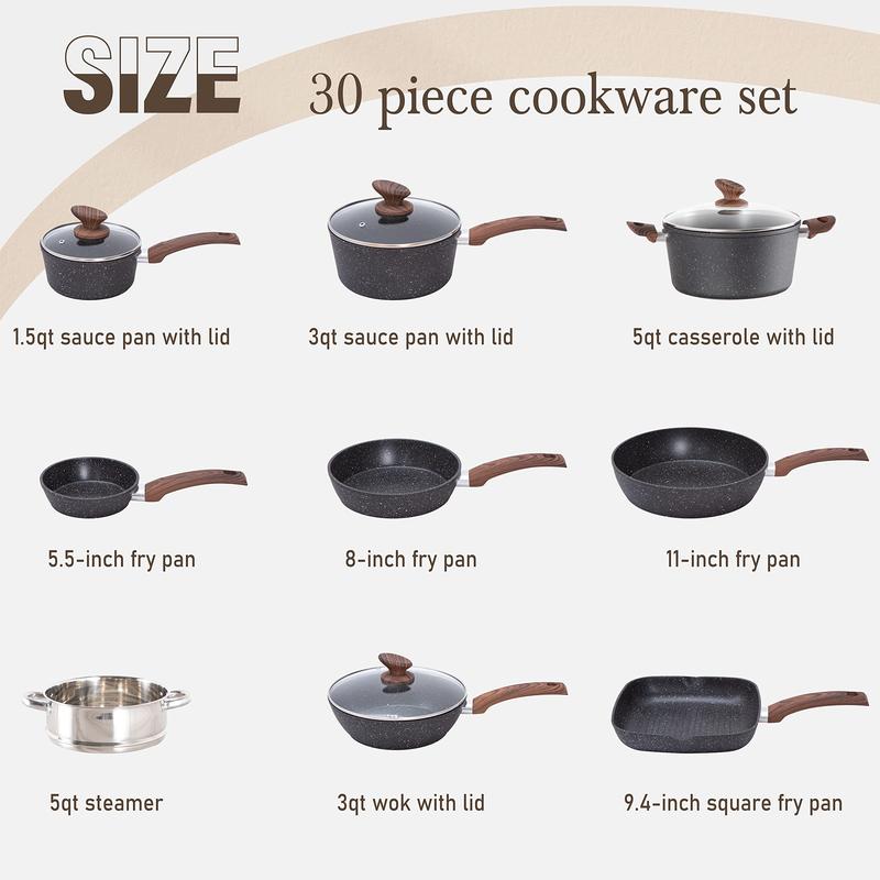 Kitchen Academy Set of 30 Pieces - Induction Cookware with Nonstick Granite Stone Coating, Includes 5 Casserole Lids, Various Woks and Frying Pans