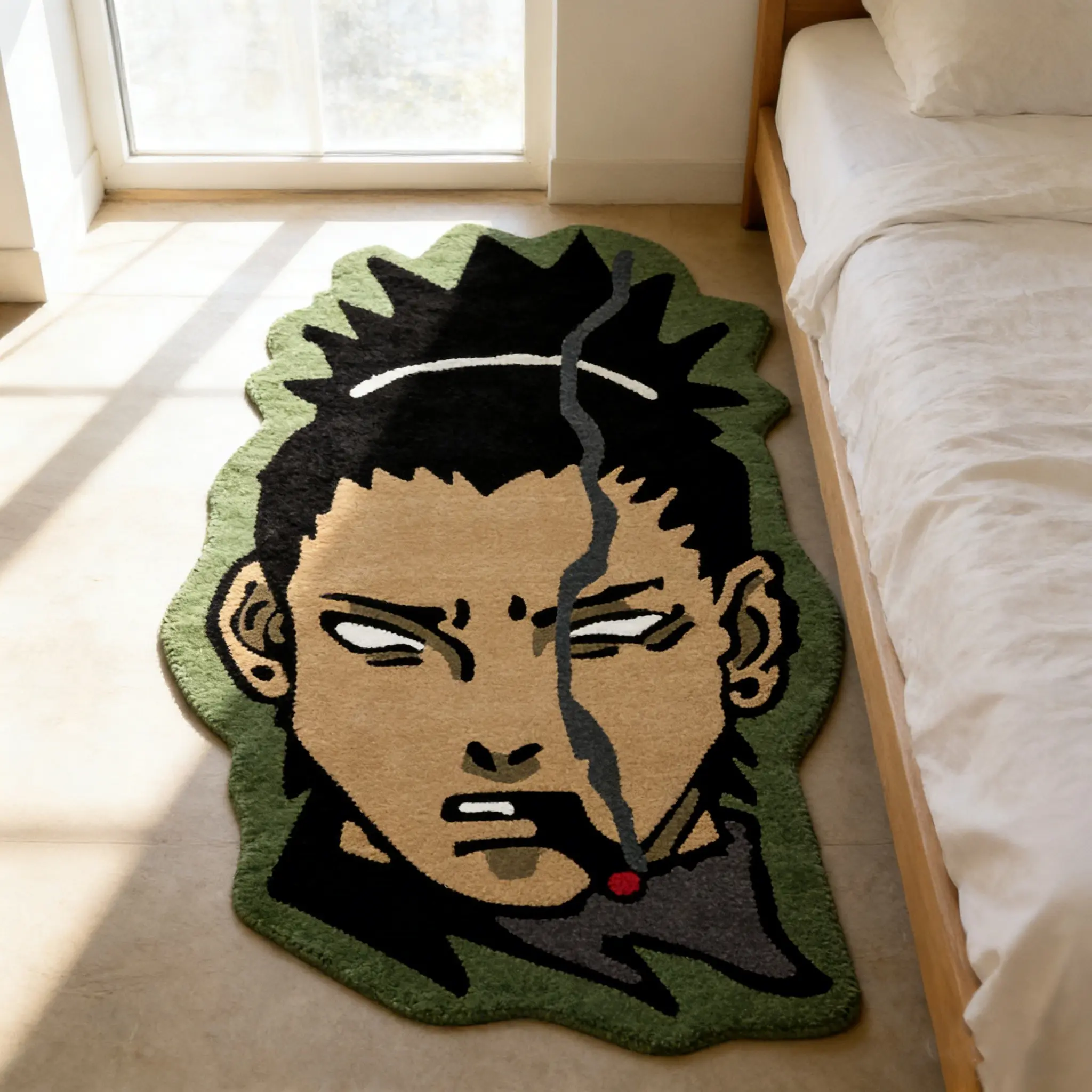 Cool cartoon character alien carpet, green black contrasting velvet floor mat, bedroom bedside anti slip and wear-resistant foot mat, personalized trendy space decoration mat suitable for Instagram/anime trend home decoration