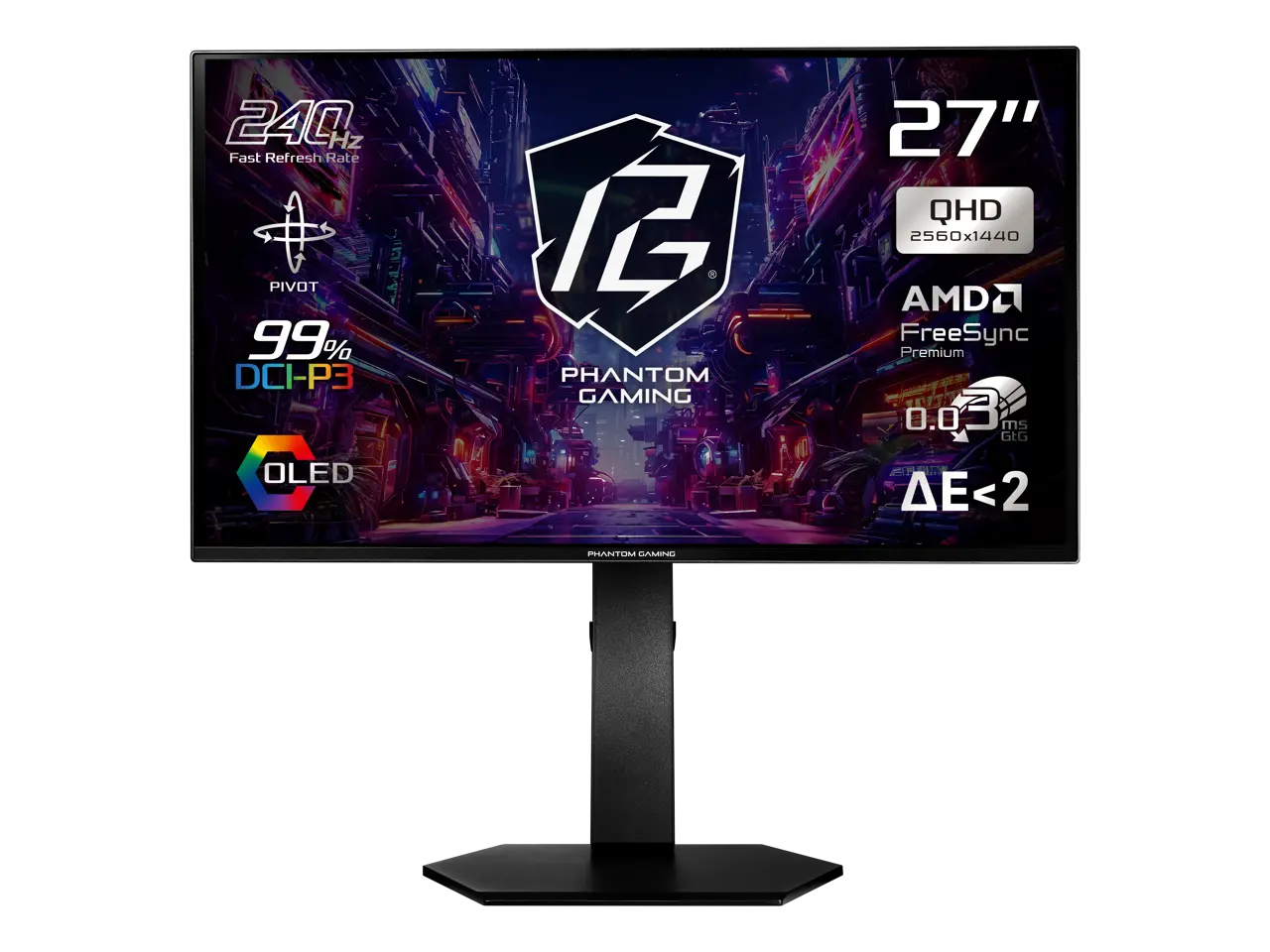 ASRock Phantom Gaming  27 inch QHD 2K 1440P 240Hz AMD FreeSync Premium 0.03ms HDR10 OLED Gaming Computer Monitor with Height Adjustable, Swivel, Pivot & Tilt Stand PGO27QSA