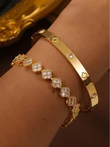 Women Gold Clover Bangle Bracelet 2pc Jewellery - Jewelry Set