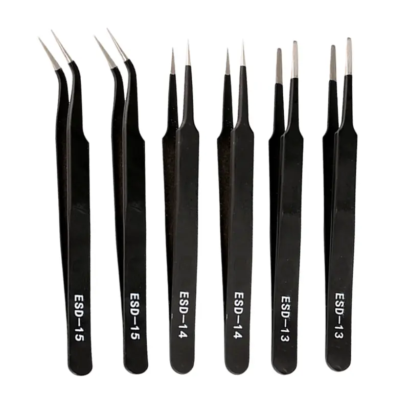 6PCS ESD Safe Ultra Slim Precision Industrial Tweezers Set, Upgraded Anti-Static Stainless Steel Multiple Heads Tweezers for Electronics Soldering, Laboratory Work, Jewelry-Making, Medical, Curved For Tight