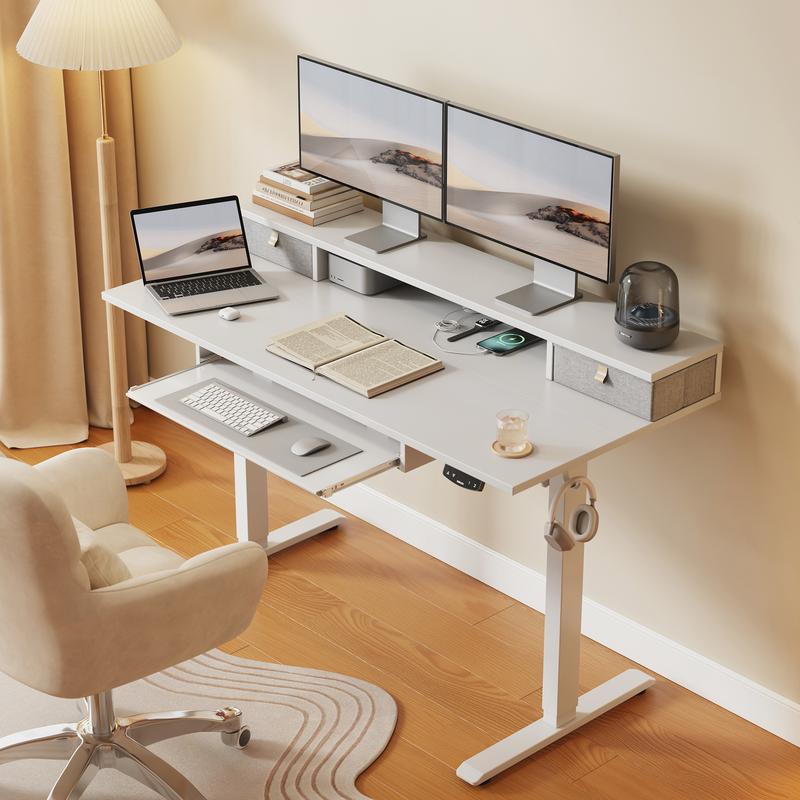 Agilestic Electric Standing Desk with Keyboard Tray and Drawers, Adjustable Height Stand Up Desk for Home Office, 4 Memory Height Settings, 2 Headphone Hooks, Computer Workstation, Black