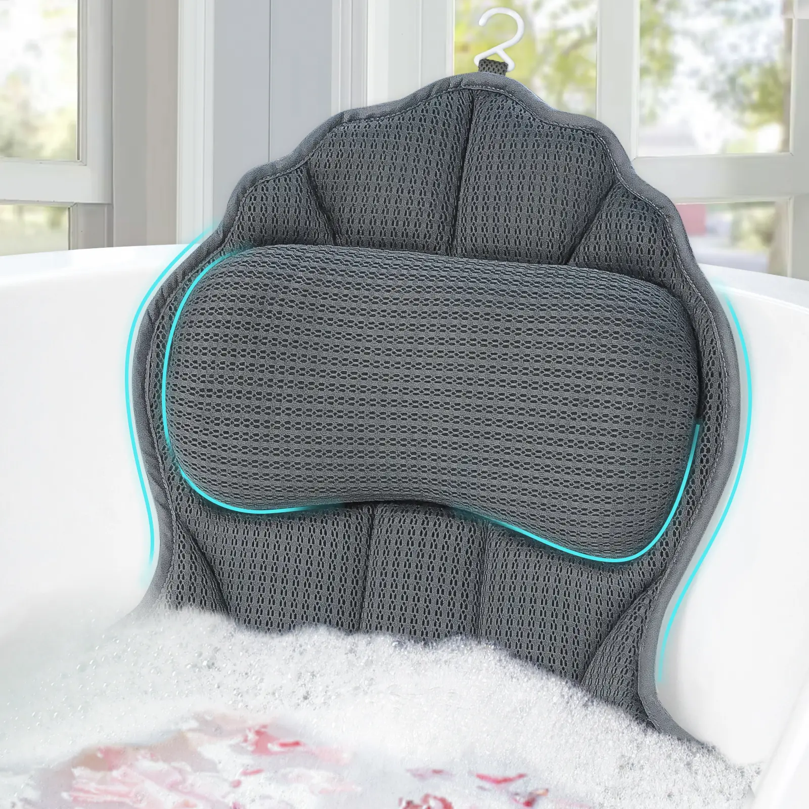4D Air Net Ergonomic Bath Head Pillow, Unisex Bathroom Accessory with 6 Suction Cups, Machine Washable with Laundry Bag, All-Seasons Leisure Item for Adults, Ideal Father's Day Gift