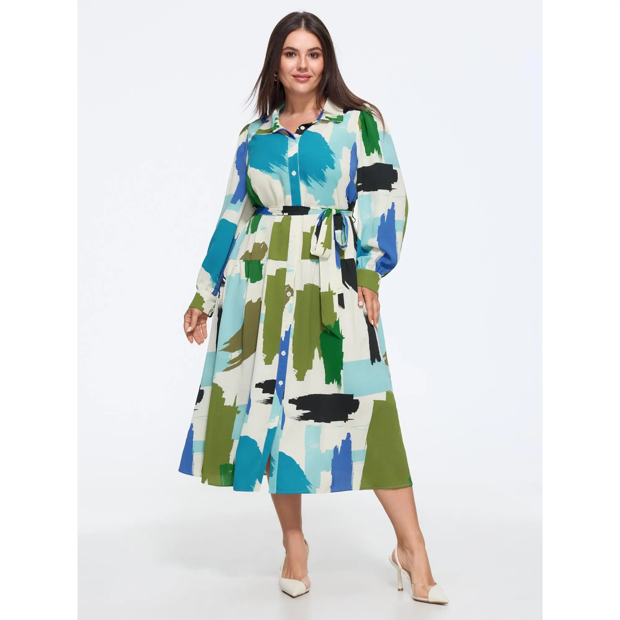 BLOOMCHIC Plus Size Abstract Brush Print Tie Waist Midi Dress[M-6X] Back To School,Fall Pick