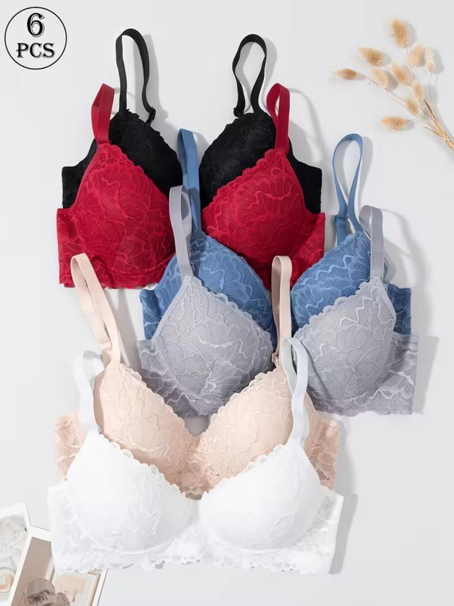 6pcs Stylish Lace-Up Push-Up Bras with Underwire - Non-Slip, Gathered Design to Create a Flattering Figure, Adult Sizes, Assorted Colors (Black, Red, Blue, Gray, White), Everyday Comfort| Gathered Lingerie| Nonremovable Paddin
