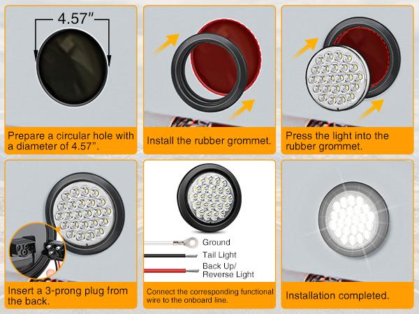 Nilight 4Inch Round Trailer Tail Light 4PCS White Red Brake Turn Signal Reverse Lights w/Flush Mount Grommets Plugs IP67 Waterproof for 12V Truck Trailer Bus RV Camper ATV UTV