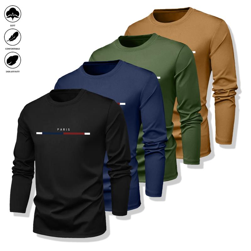 Pack of 4 - Men's Long Sleeve T-Shirt - Casual Crew Neck Breathable Tee, Suitable for Spring and Autumn Wear, Featuring Letter Pattern Design, Well-Fitting Cut, Ideal for Everyday Wear, Men's Long Sleeve Top