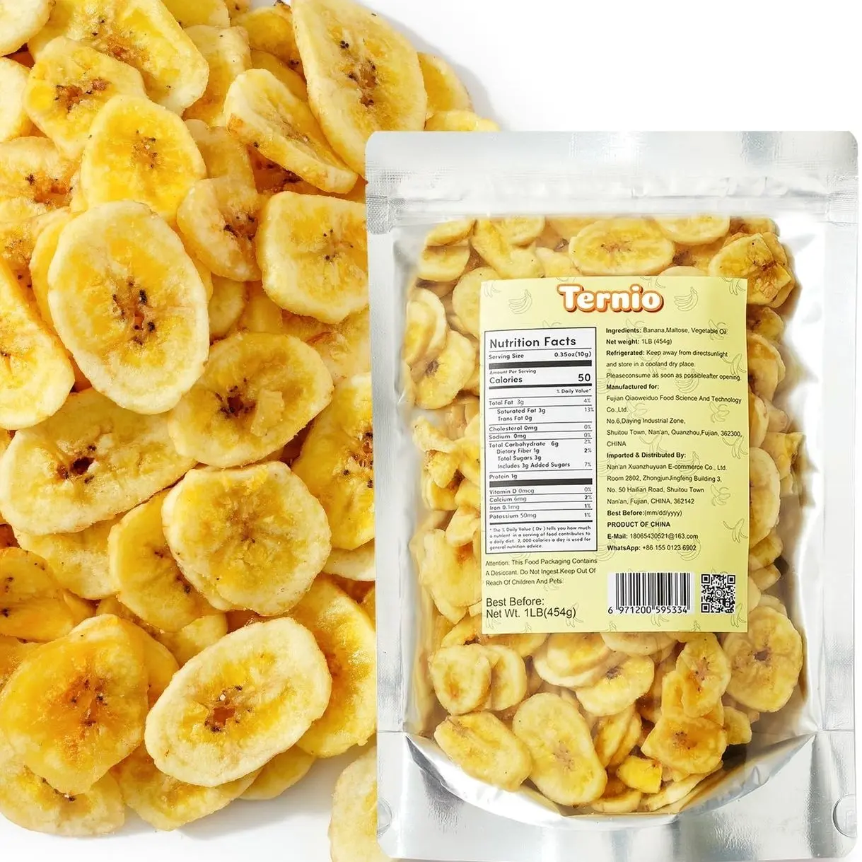 Ternio Dried Banana Chips - 1 lb/453g - Sweetened Dehydrated Banana Flakes - Bulk Healthy Dried Fruit Snack - 100% Natural.