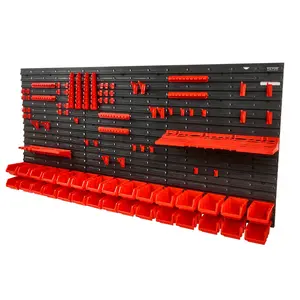 Wall Mounted Storage Bins, 30-Bin Parts Rack Organizer Garage Plastic Shop Tool with Wall Panels/Tool Holders/Hooks, Tool Organizer for Nuts, Bolts, Screws, Nails, Beads, Buttons, Black and Red Expandable
